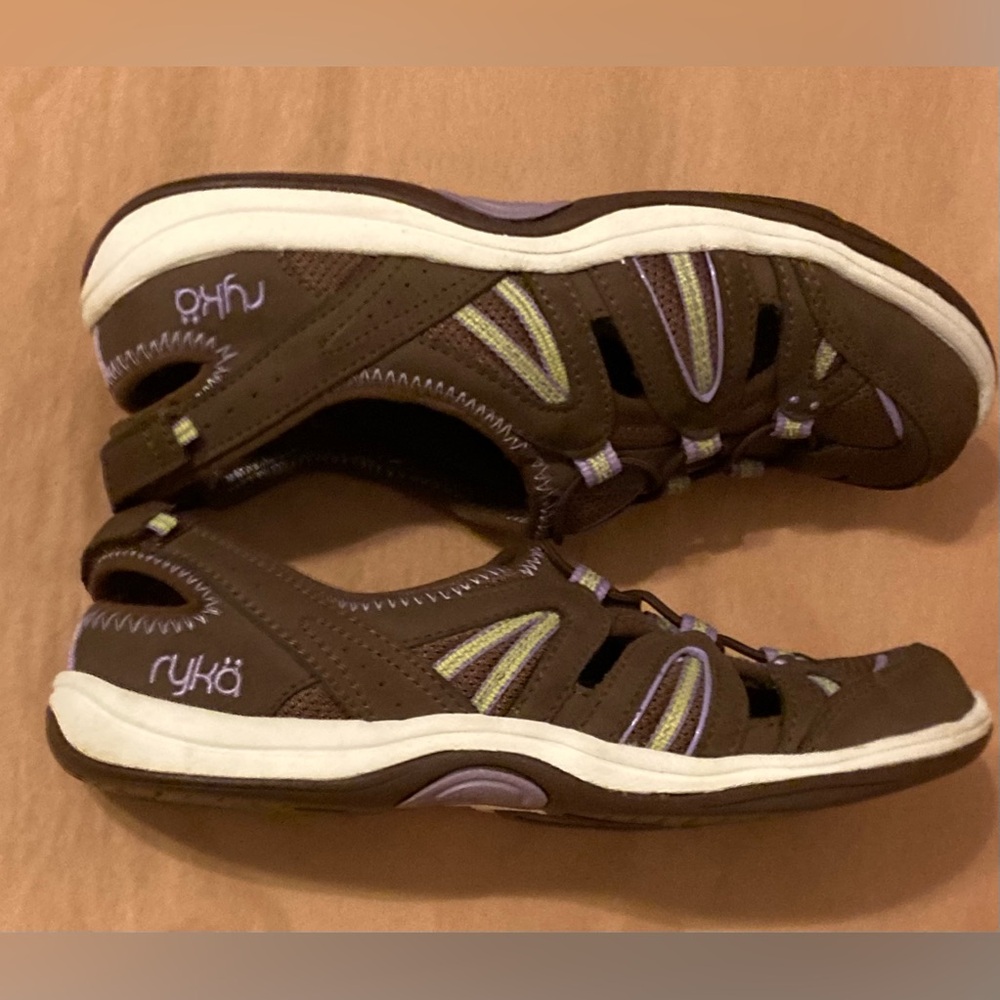 Ryka Hula Fisherman Shoe Brown Walking Sandal with Purple and Lime Accents